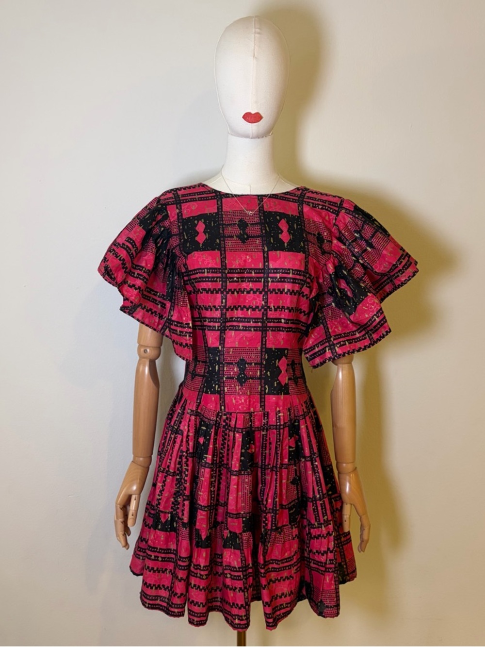 Rare TV Show Wardrobe Pink & Black Flutter Sleeve Lace-Up Mini Dress